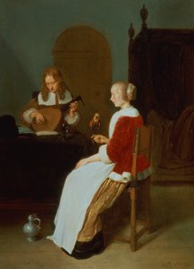Een interieur met een luitspeler en een vrouw met een papegaai